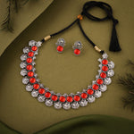 Thumbnail for Tehzeeb Creations Silver Plated Orange Colour Stone Jewellery Choker Necklace Set With Matching Pair of Stud Earrings - Distacart
