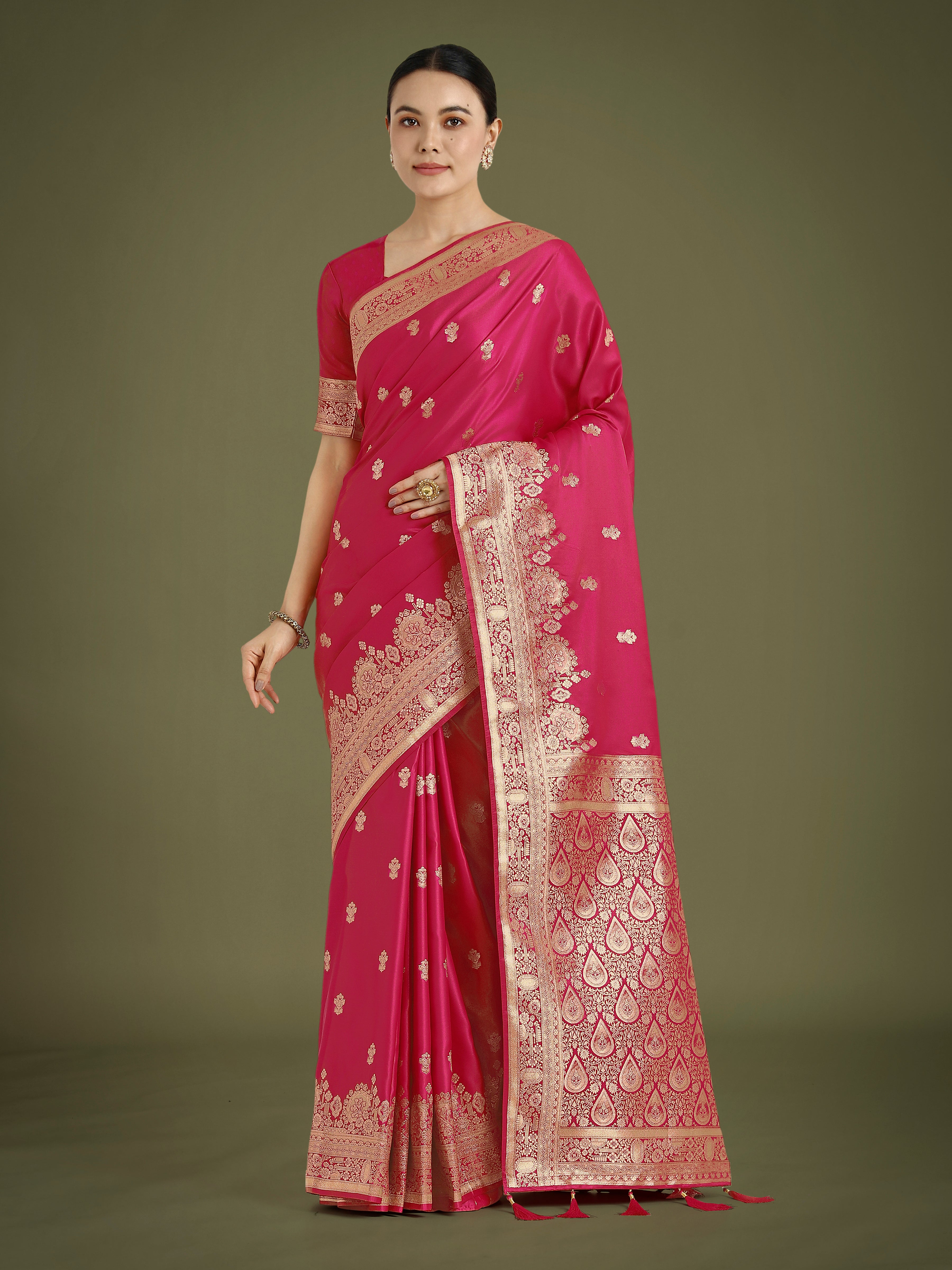 Monjolika Fashion Hot Pink With Gold Bordar Banarasi Woven Satin Saree