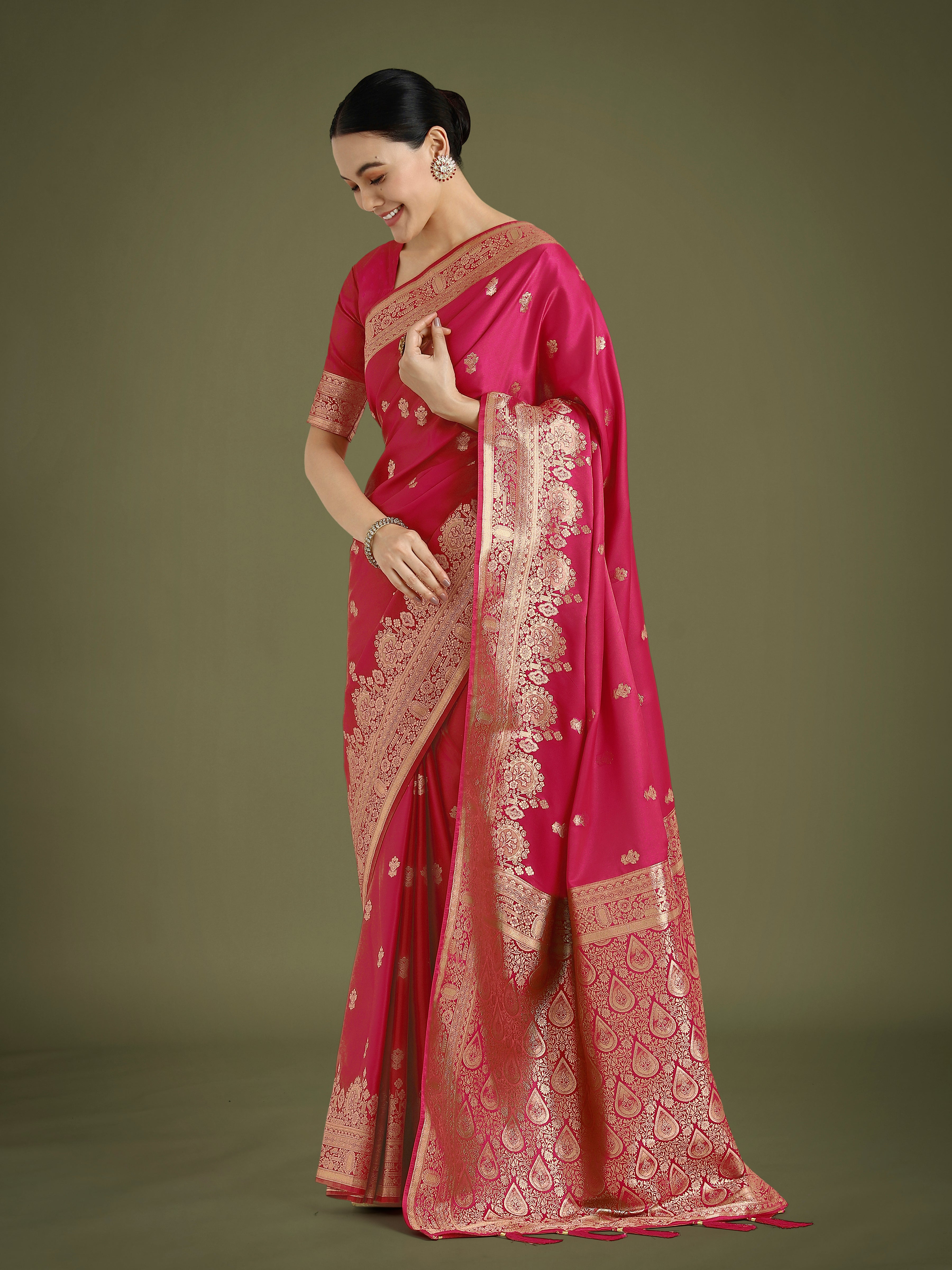 Monjolika Fashion Hot Pink With Gold Bordar Banarasi Woven Satin Saree