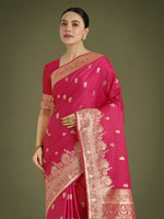 Thumbnail for Monjolika Fashion Hot Pink With Gold Bordar Banarasi Woven Satin Saree