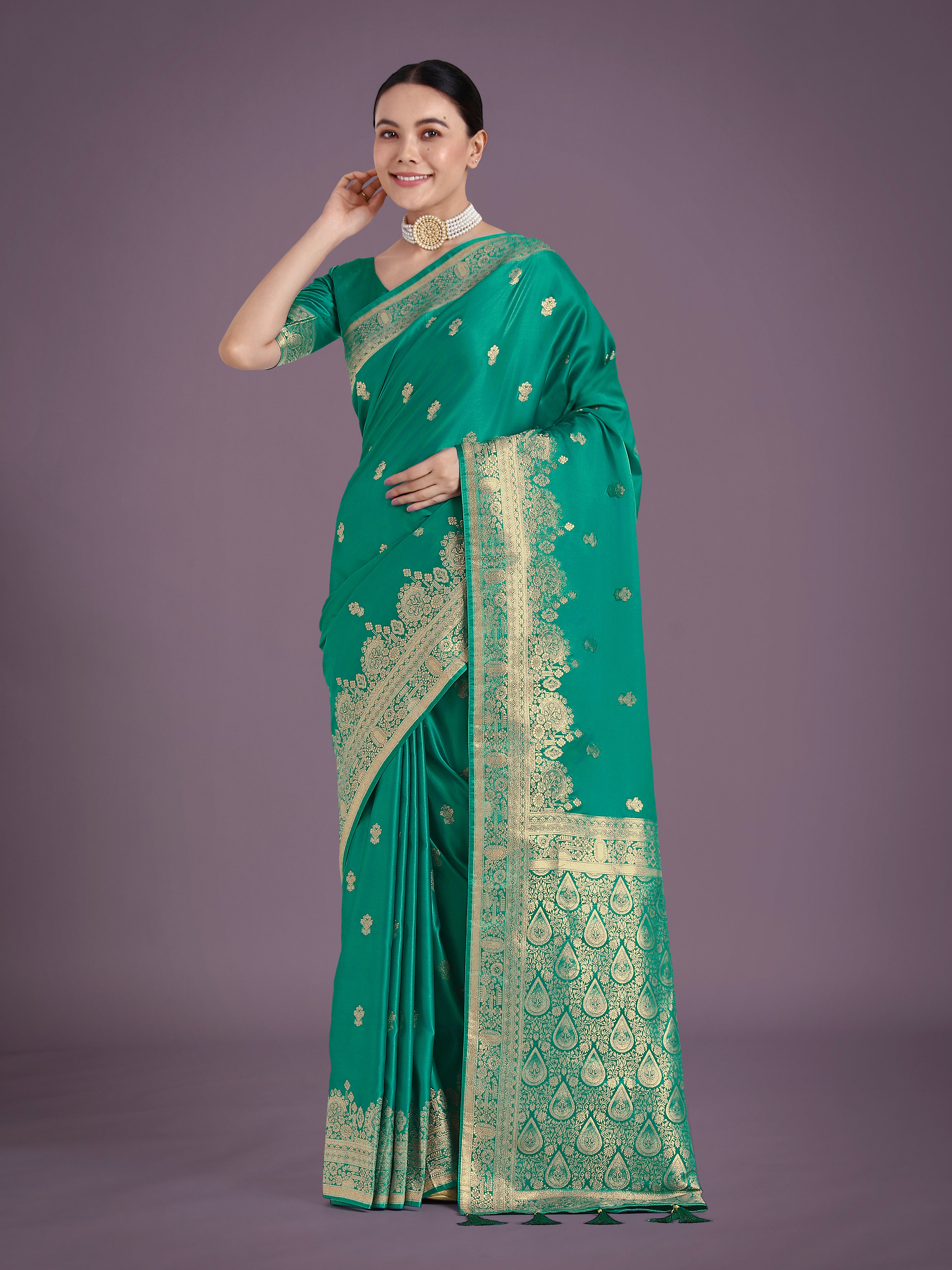 Monjolika Fashion Turquoise With Gold Bordar Banarasi Woven Satin Saree