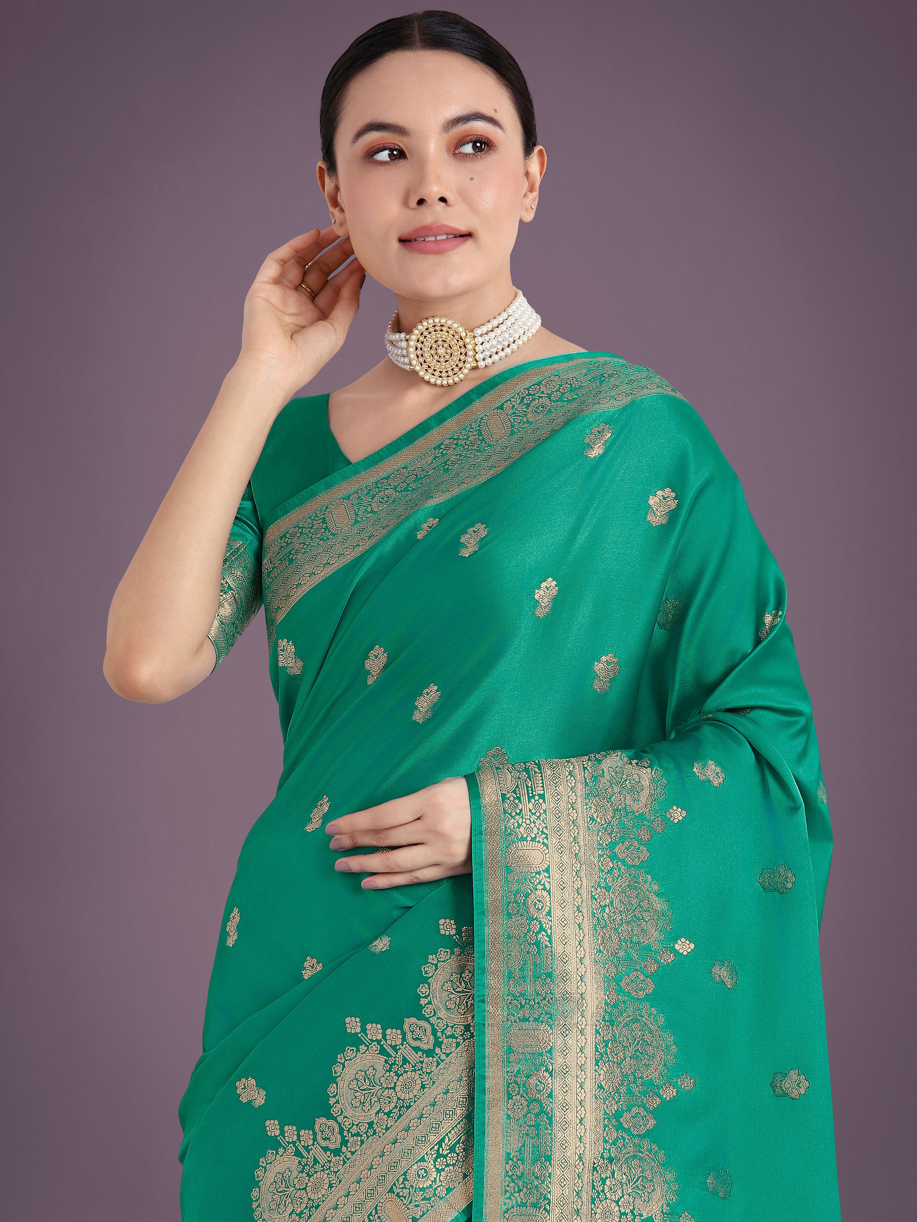 Monjolika Fashion Turquoise With Gold Bordar Banarasi Woven Satin Saree