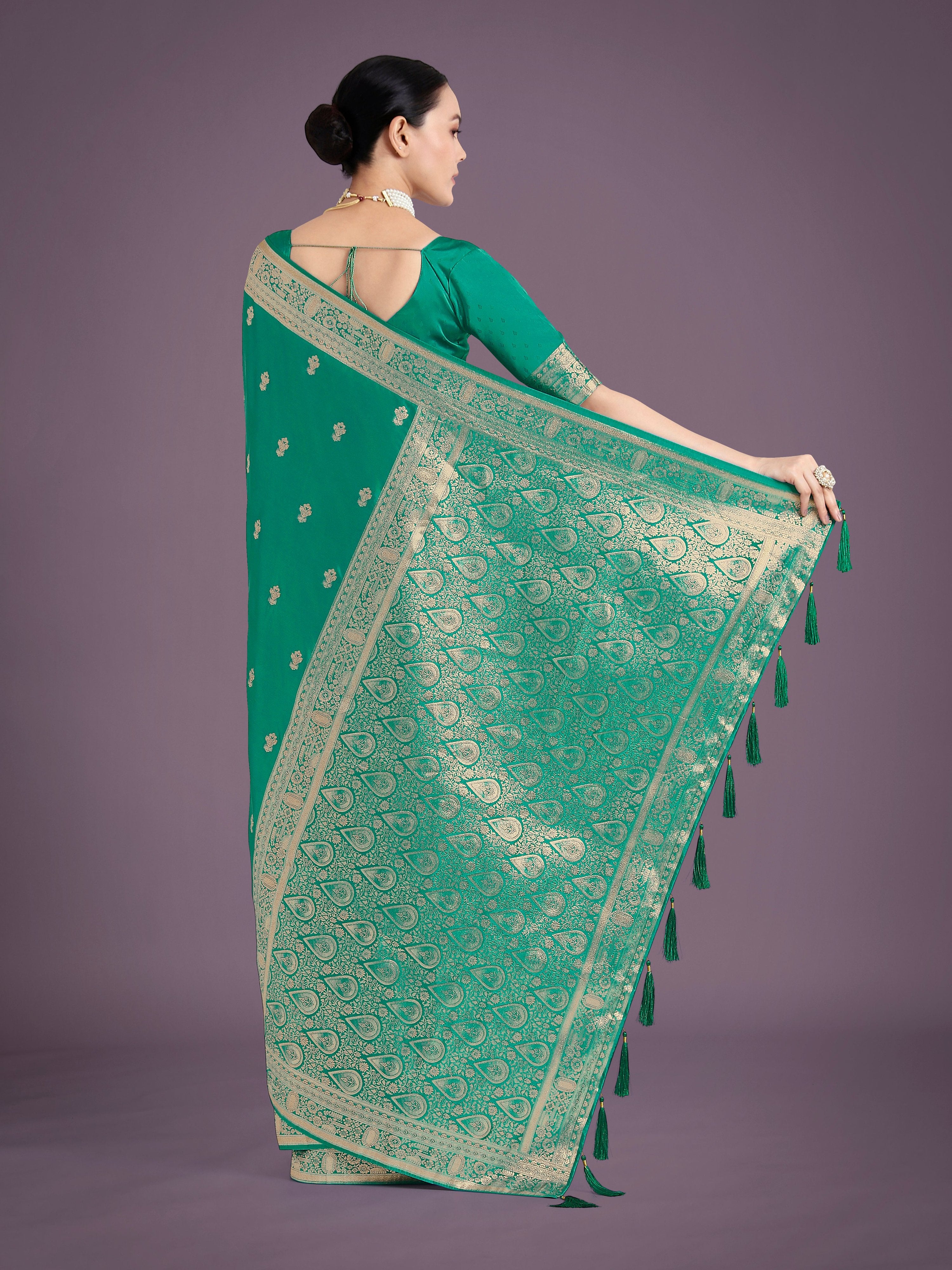 Monjolika Fashion Turquoise With Gold Bordar Banarasi Woven Satin Saree