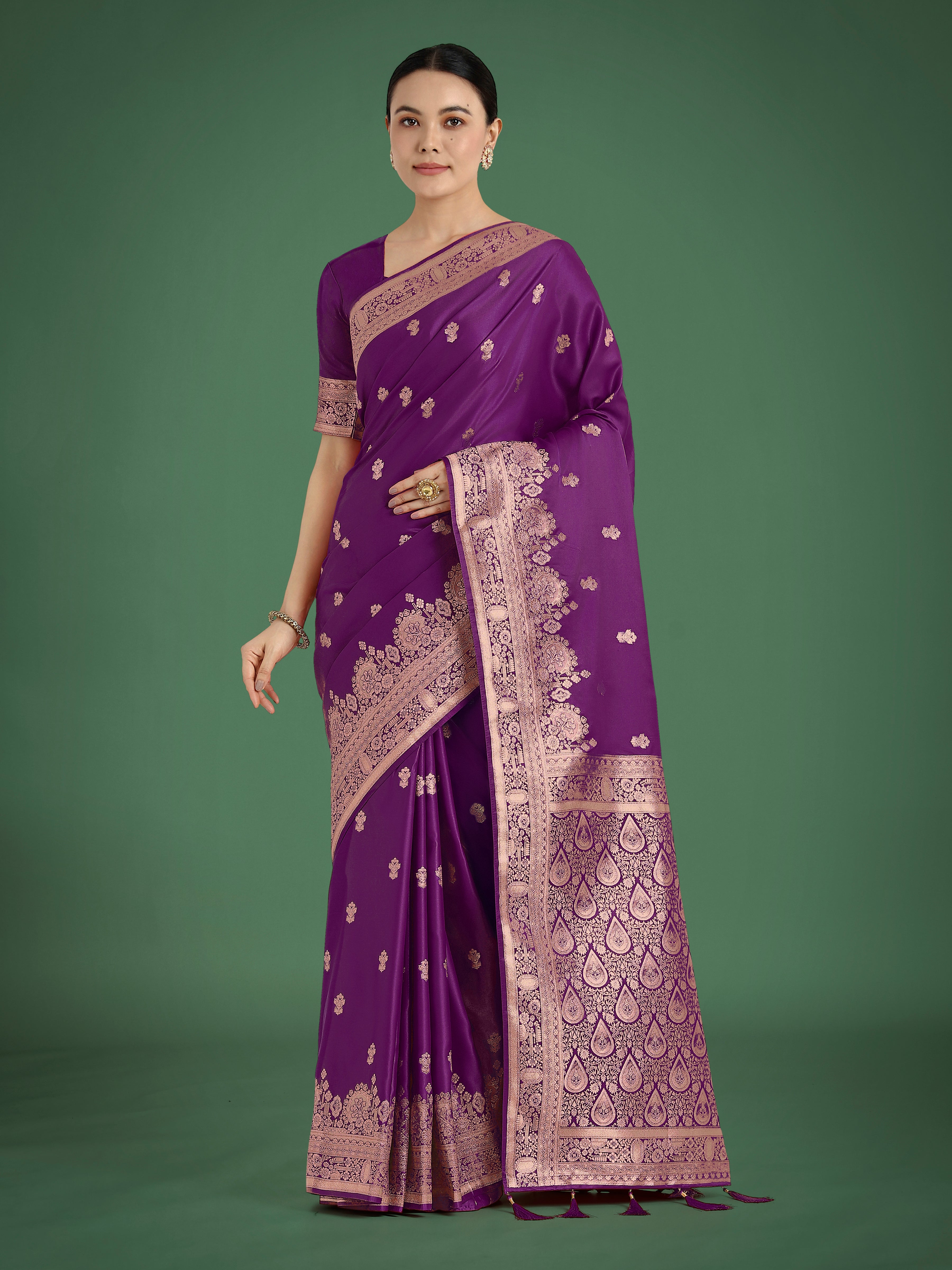 Monjolika Fashion Purple With Gold Bordar Banarasi Woven Satin Saree