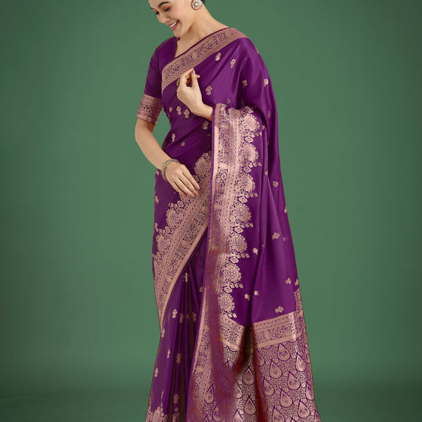 Monjolika Fashion Purple With Gold Bordar Banarasi Woven Satin Saree - Distacart