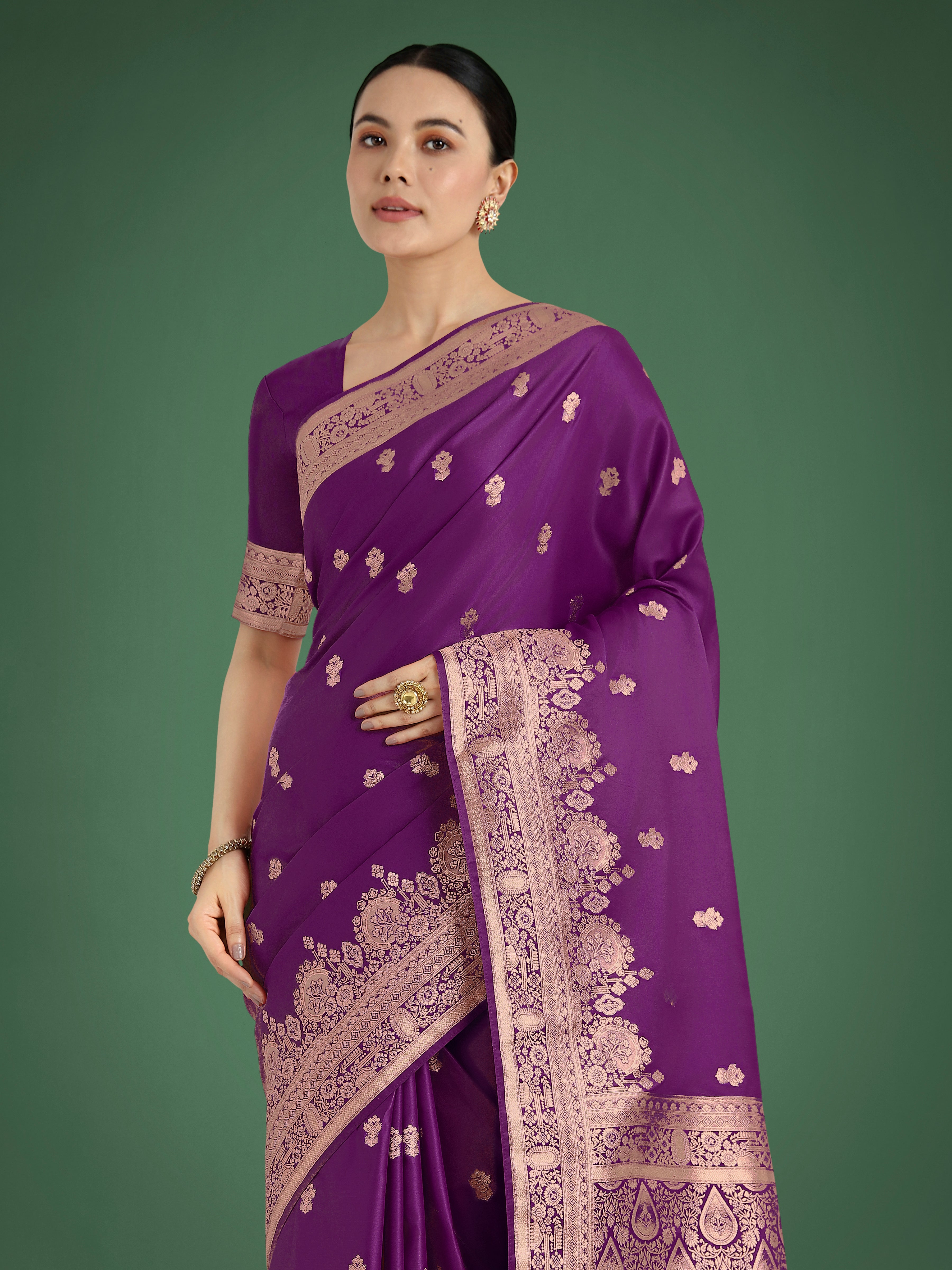 Monjolika Fashion Purple With Gold Bordar Banarasi Woven Satin Saree