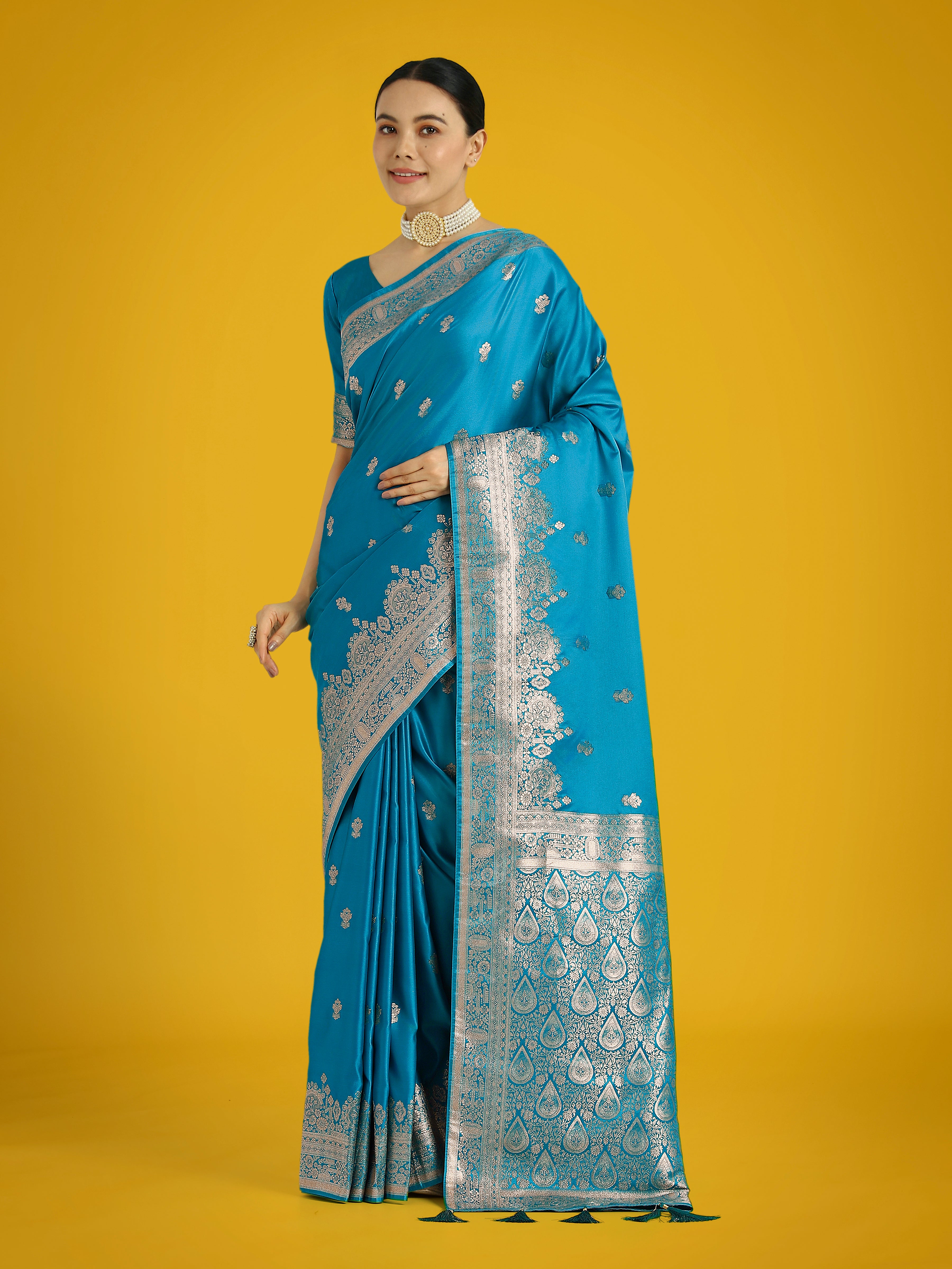 Monjolika Fashion Cyan blue With Gold Bordar Banarasi Woven Satin Saree