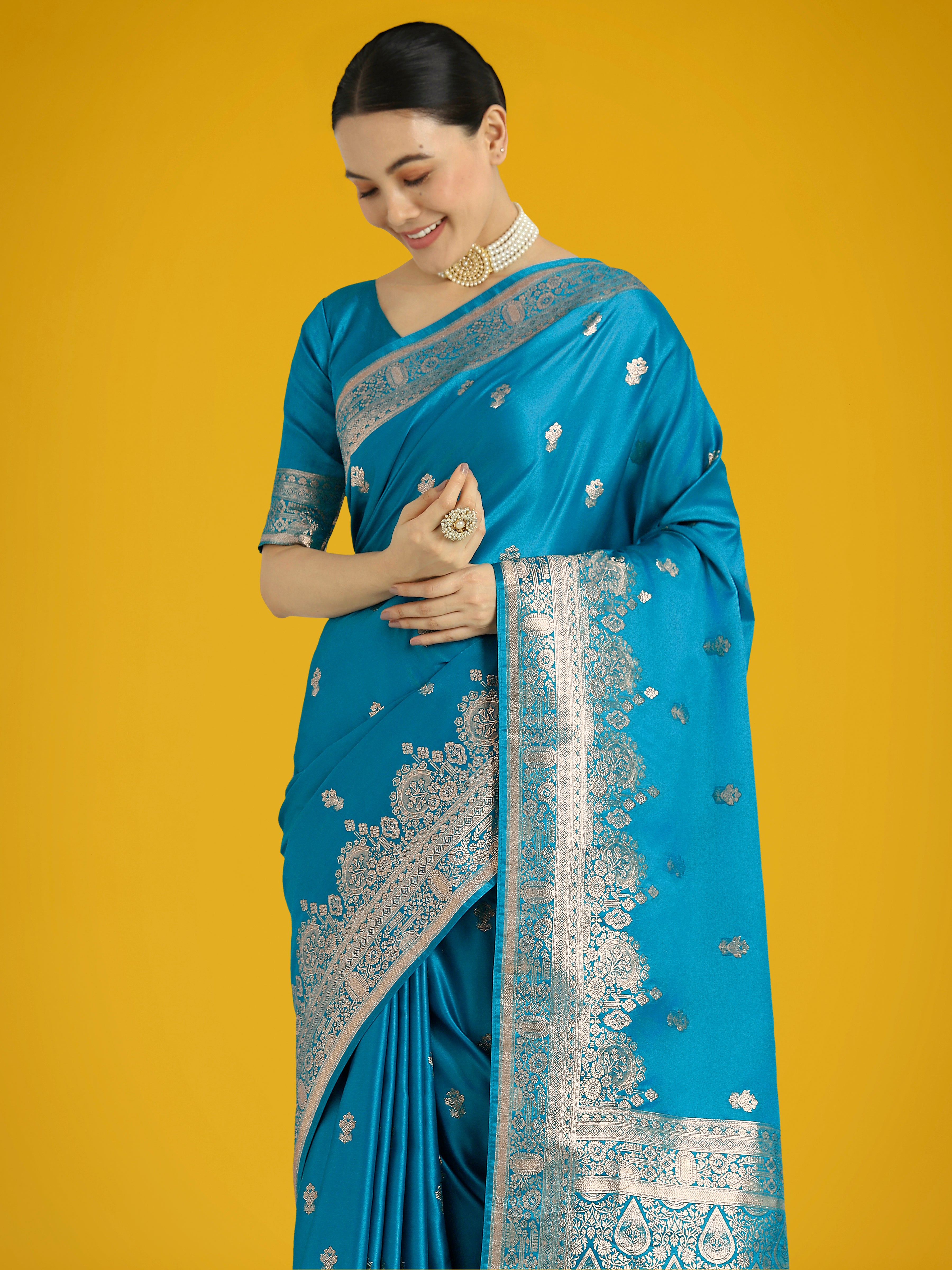 Monjolika Fashion Cyan blue With Gold Bordar Banarasi Woven Satin Saree