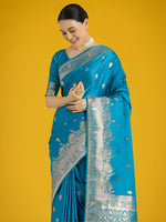 Thumbnail for Monjolika Fashion Cyan blue With Gold Bordar Banarasi Woven Satin Saree