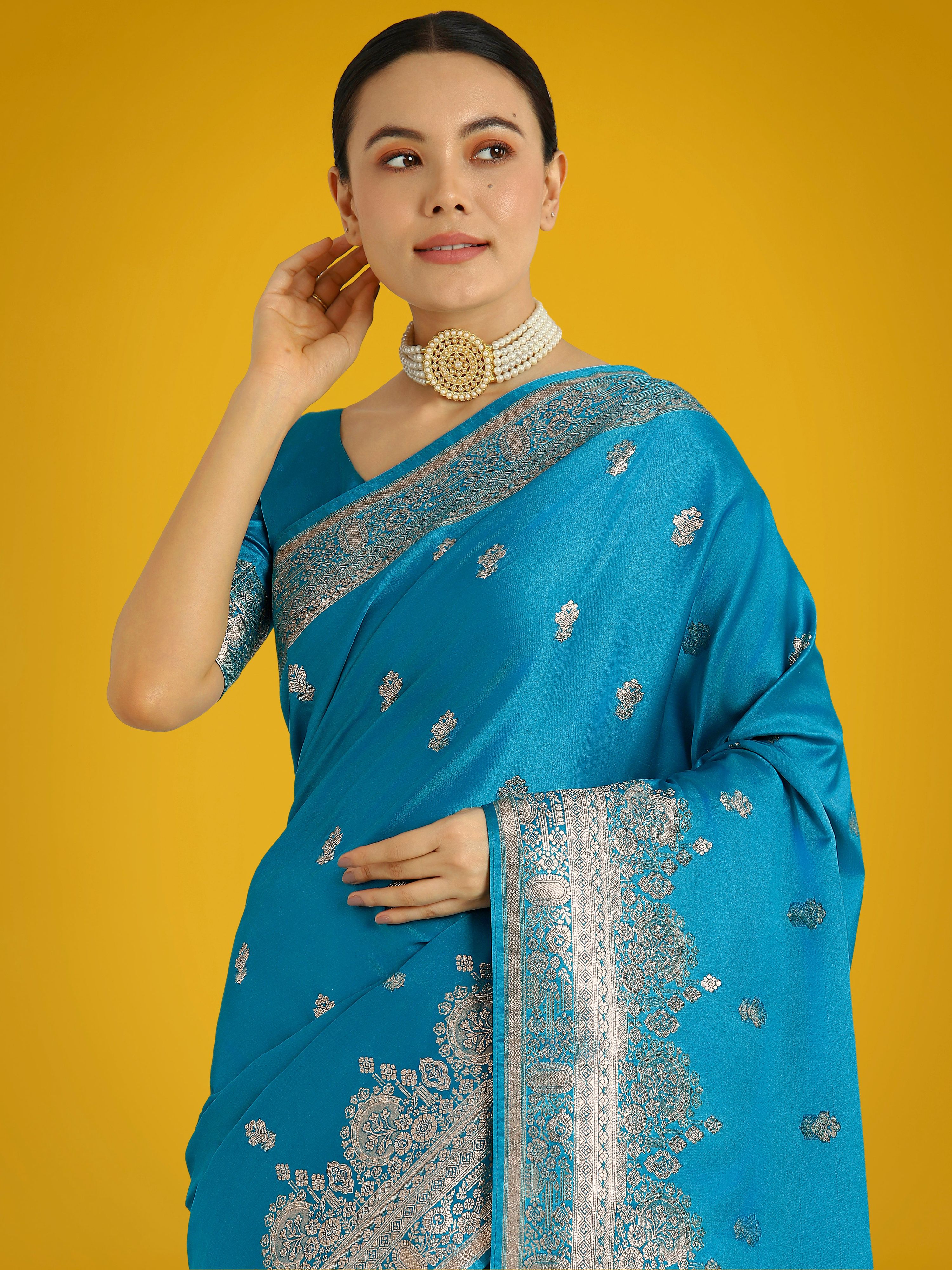 Monjolika Fashion Cyan blue With Gold Bordar Banarasi Woven Satin Saree