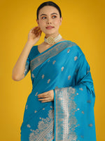 Thumbnail for Monjolika Fashion Cyan blue With Gold Bordar Banarasi Woven Satin Saree