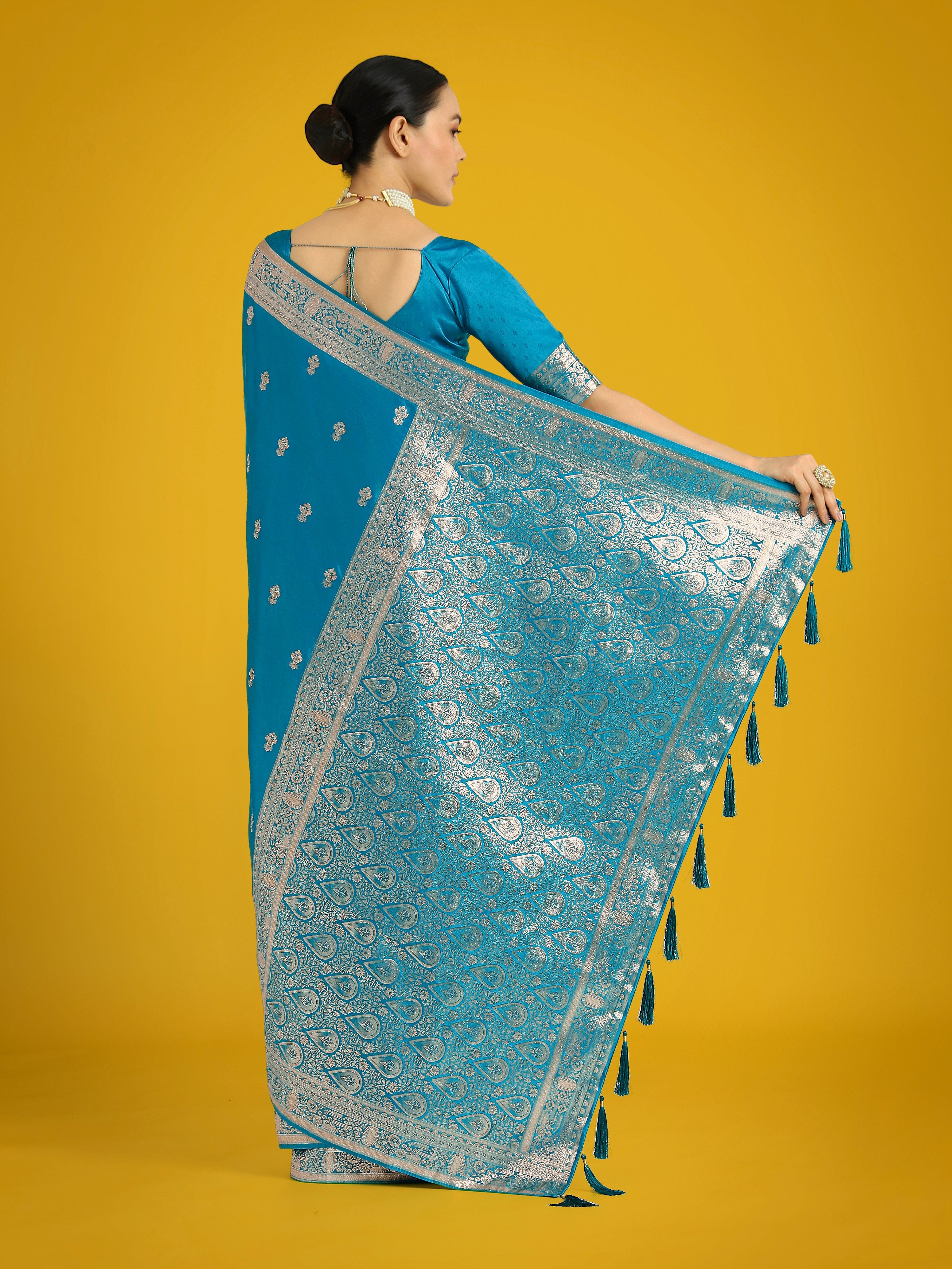 Monjolika Fashion Cyan blue With Gold Bordar Banarasi Woven Satin Saree