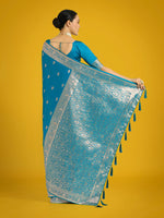 Thumbnail for Monjolika Fashion Cyan blue With Gold Bordar Banarasi Woven Satin Saree