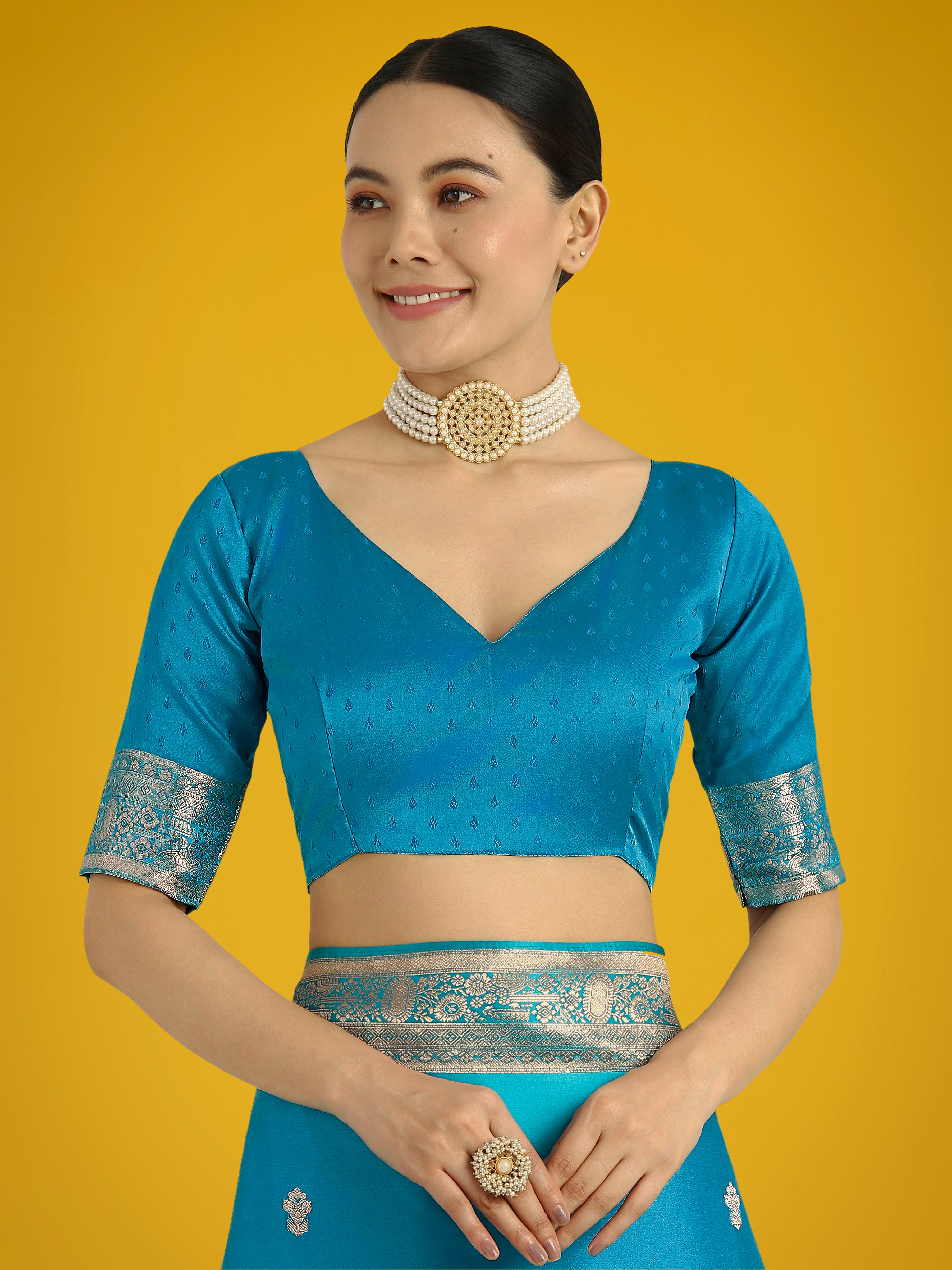 Monjolika Fashion Cyan blue With Gold Bordar Banarasi Woven Satin Saree