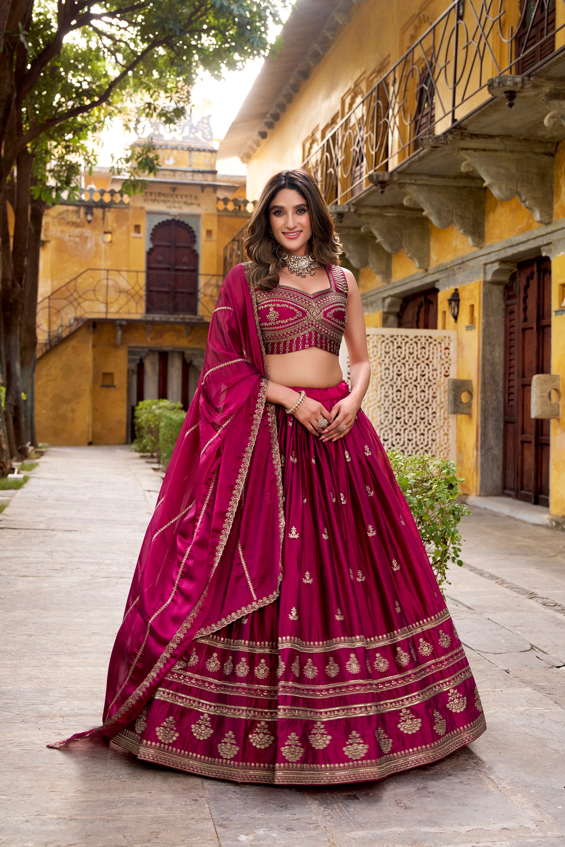 Lorenvalley Fashion Magenta Rangoli Sequins and Thread Embroidery Work Lehenga Choli with Dupatta