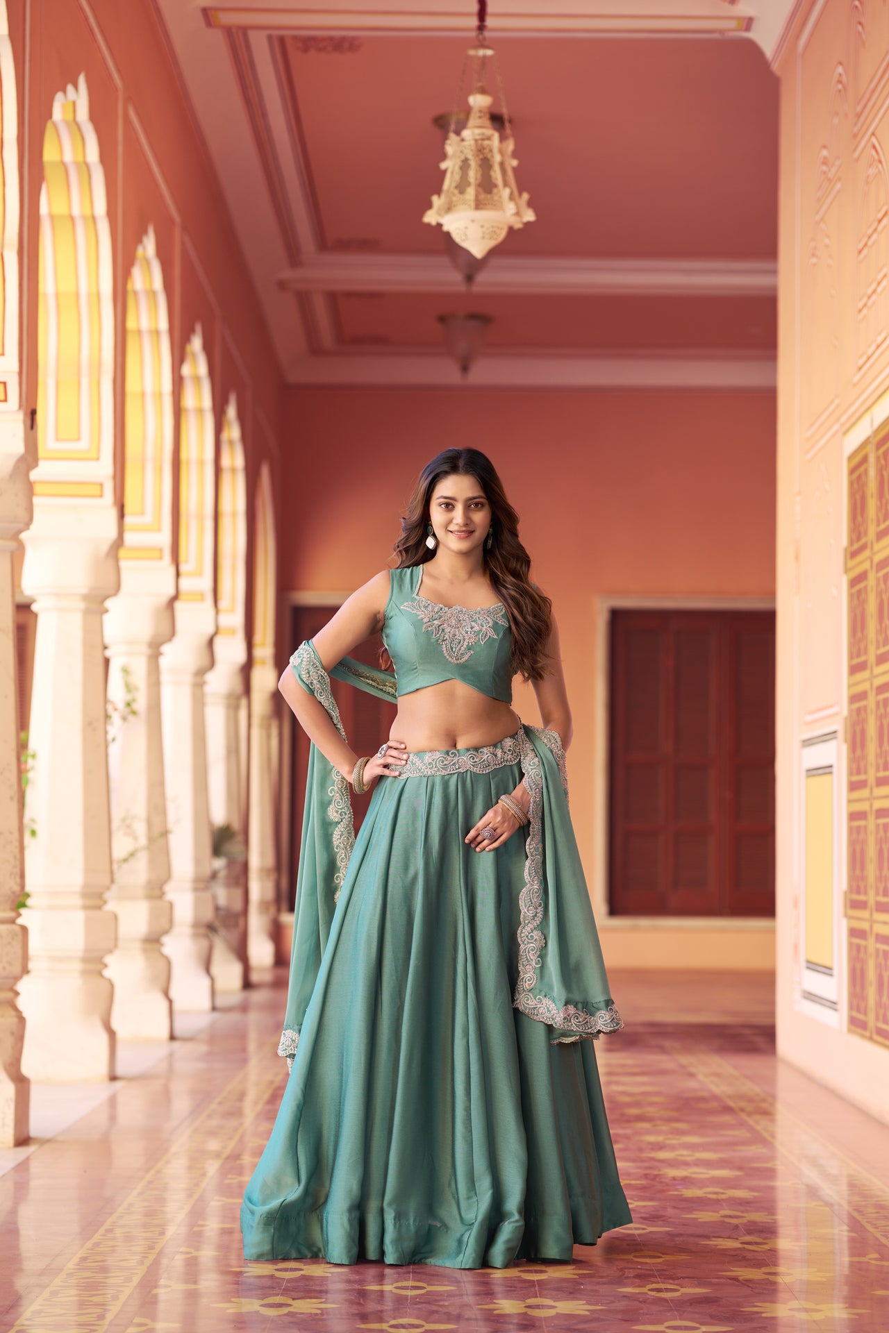 Lorenvalley Fashion Seagreen Rangoli Silk Tube Beads with Sequence and Thread Embroidery Work Belt Lehenga Choli with Dupatta - Dista
