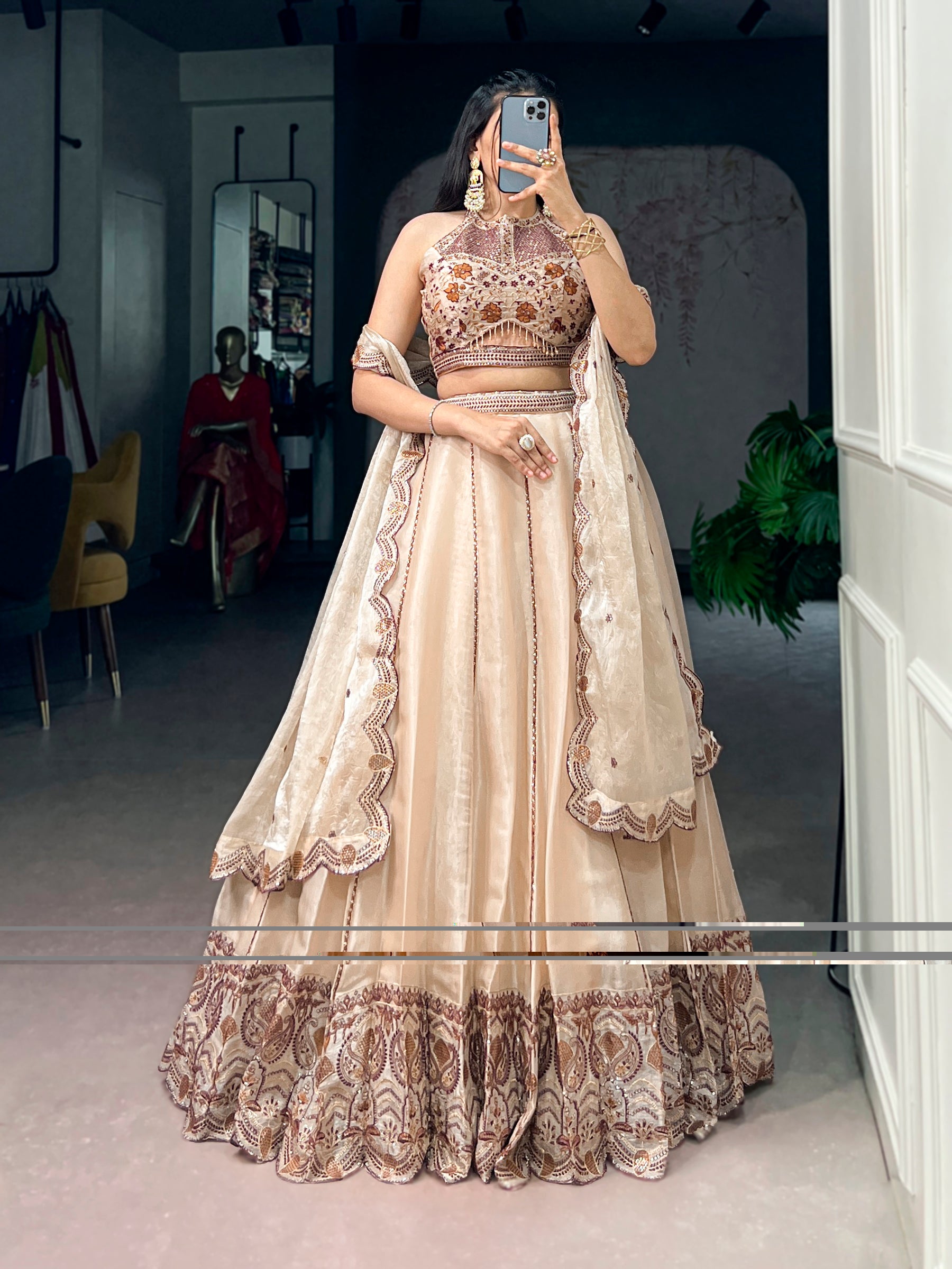 Lorenvalley Fashion Cream Spider Crush With Sequins And Thread Embroidery Work Lehenga Choli With Dupatta - Dista