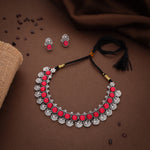 Thumbnail for Tehzeeb Creations Silver Plated Pink Colour Stone Jewellery Choker Necklace Set With Matching Pair of Stud Earrings - Distacart