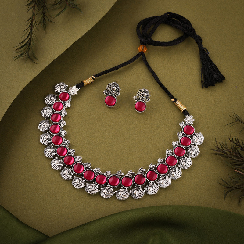 Tehzeeb Creations Silver Plated Pink Colour Stone Jewellery Choker Necklace Set With Matching Pair of Stud Earrings - Distacart