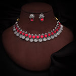 Thumbnail for Tehzeeb Creations Silver Plated Pink Colour Stone Jewellery Choker Necklace Set With Matching Pair of Stud Earrings - Distacart