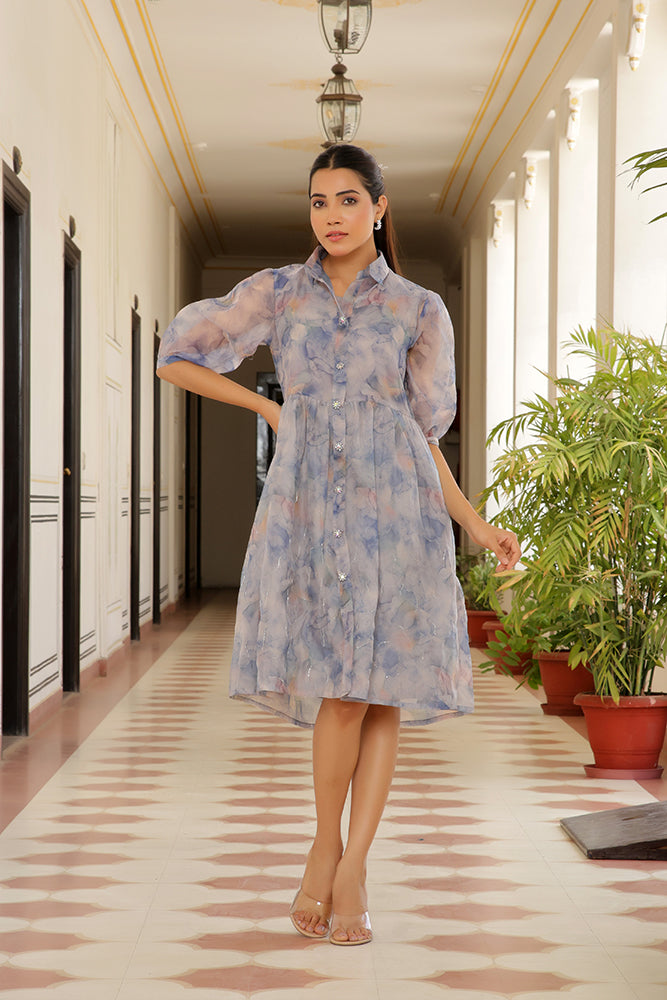 Vaasva Women Sky Blue Organza Marble Printed Dress - Distacart