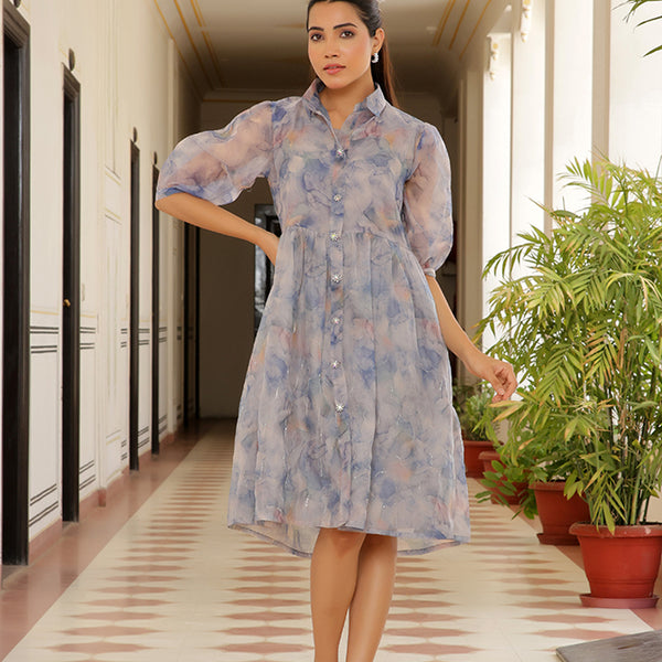 Vaasva Women Sky Blue Organza Marble Printed Dress - Distacart
