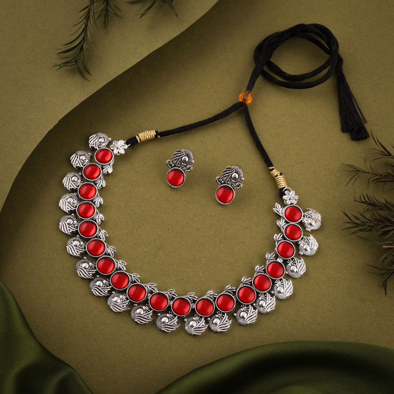 Tehzeeb Creations Silver Plated Red Colour Stone Jewellery Choker Necklace Set With Matching Pair of Stud Earrings - Distacart