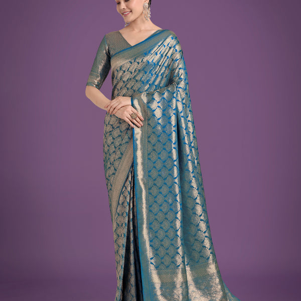 Monjolika Fashion Flattering Cyan blue Banarasi Satin Silk Zari Weaving Work Designer Saree - Distacart