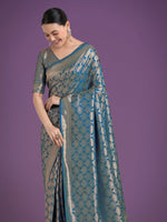 Thumbnail for Monjolika Fashion Flattering Cyan blue Banarasi Satin Silk Zari Weaving Work Designer Saree