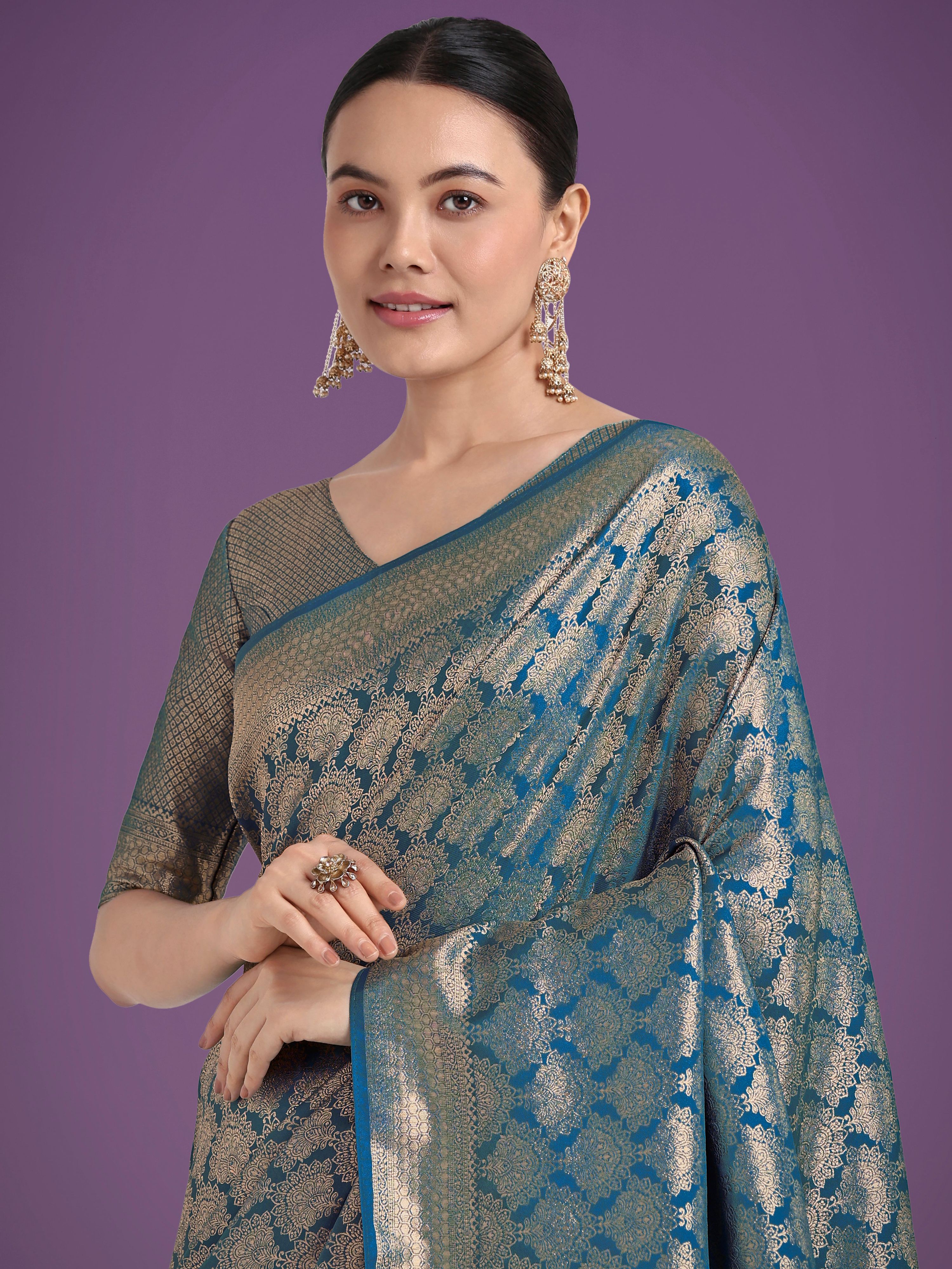 Monjolika Fashion Flattering Cyan blue Banarasi Satin Silk Zari Weaving Work Designer Saree
