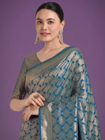 Thumbnail for Monjolika Fashion Flattering Cyan blue Banarasi Satin Silk Zari Weaving Work Designer Saree