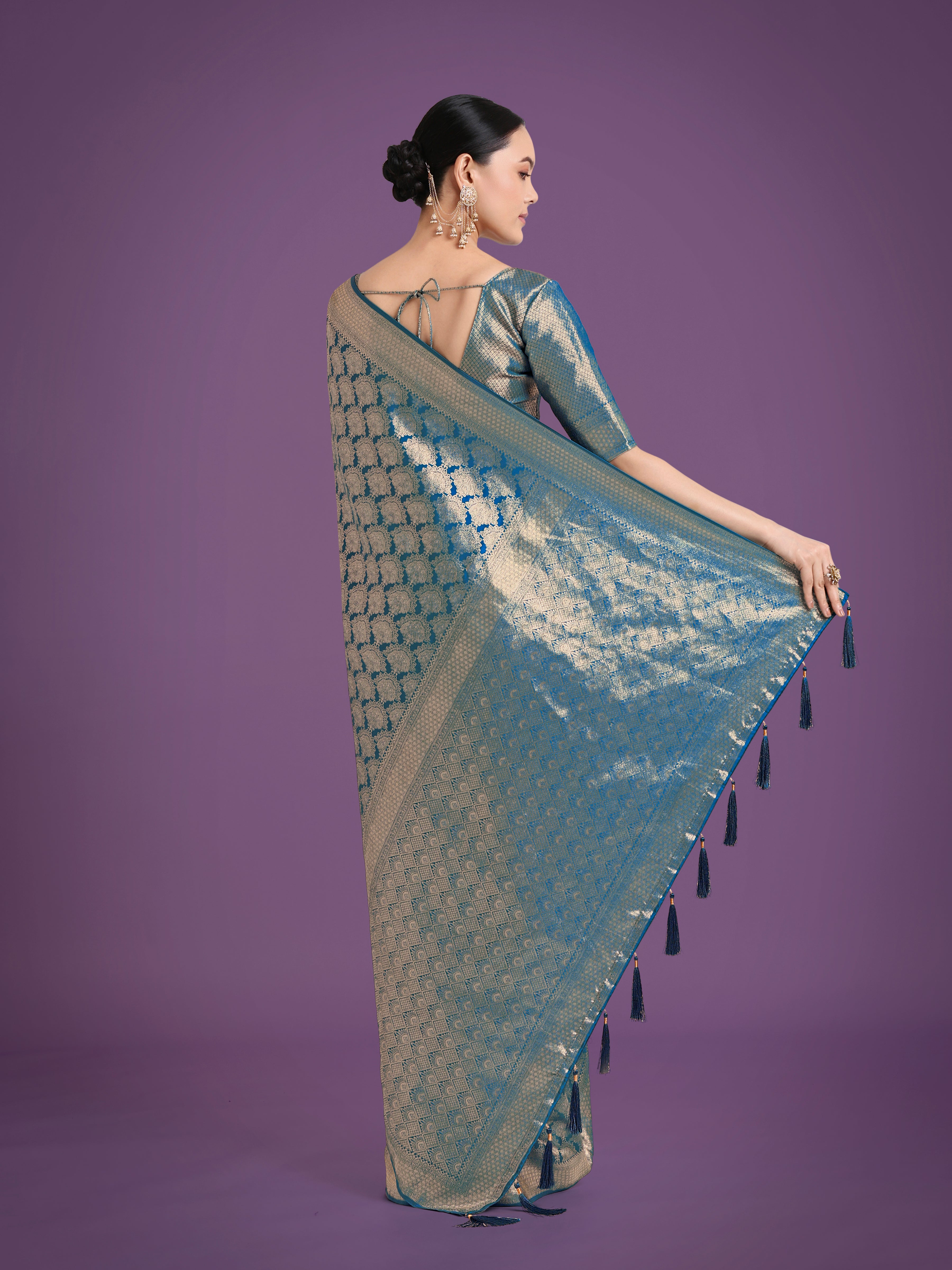 Monjolika Fashion Flattering Cyan blue Banarasi Satin Silk Zari Weaving Work Designer Saree