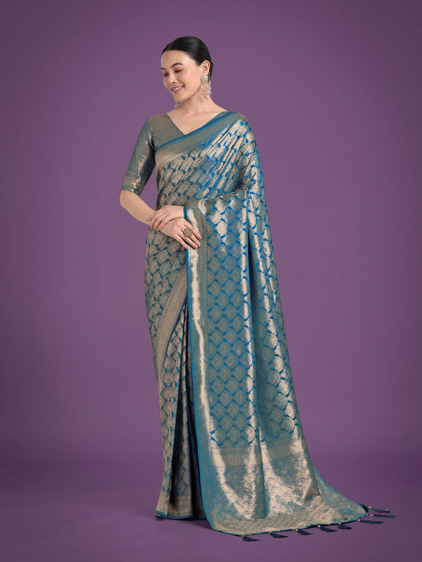 Monjolika Fashion Flattering Cyan blue Banarasi Satin Silk Zari Weaving Work Designer Saree