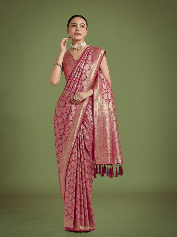 Monjolika Fashion Flattering Dark Pink Banarasi Satin Silk Zari Weaving Work Designer Saree
