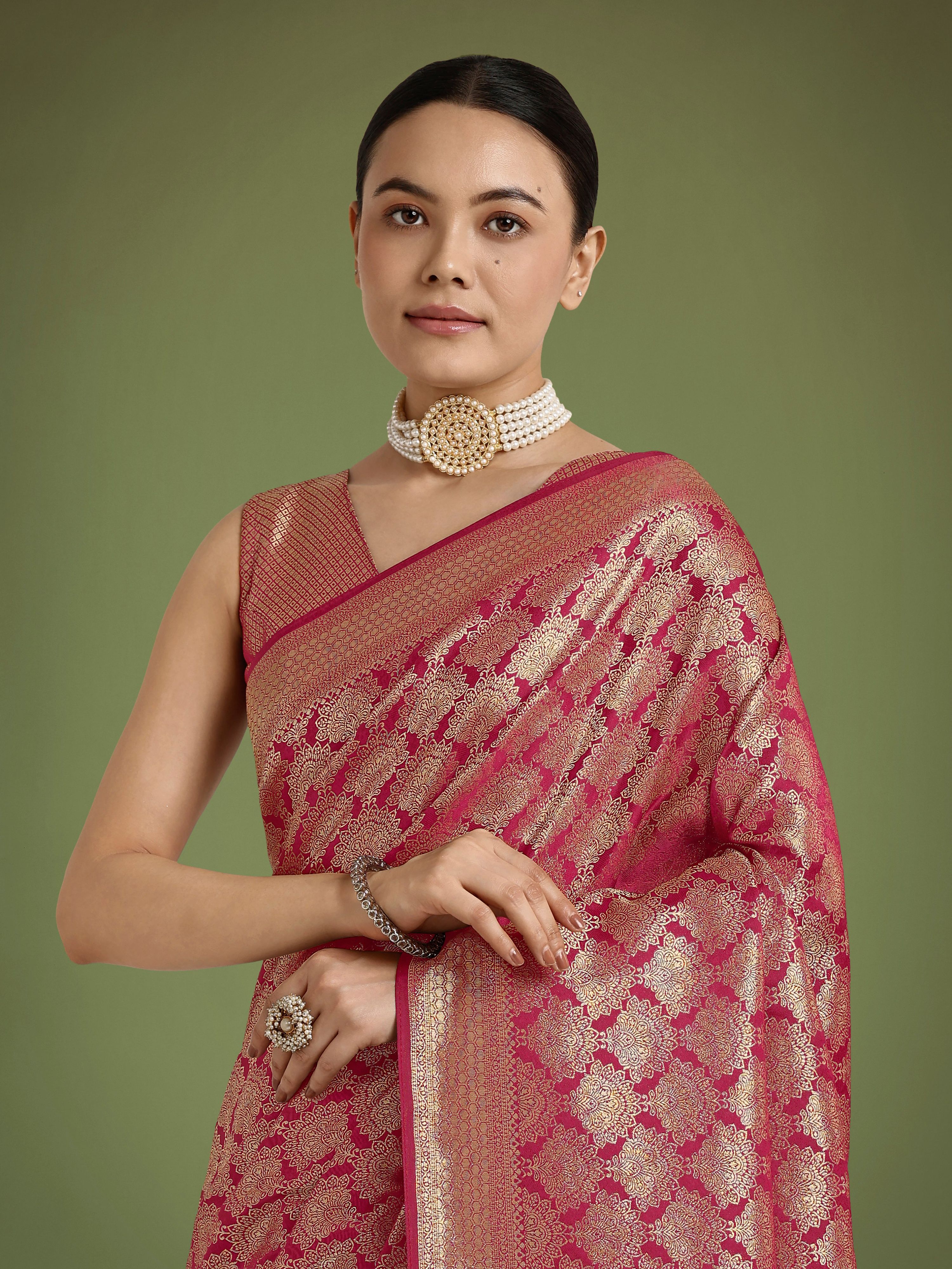Monjolika Fashion Flattering Dark Pink Banarasi Satin Silk Zari Weaving Work Designer Saree