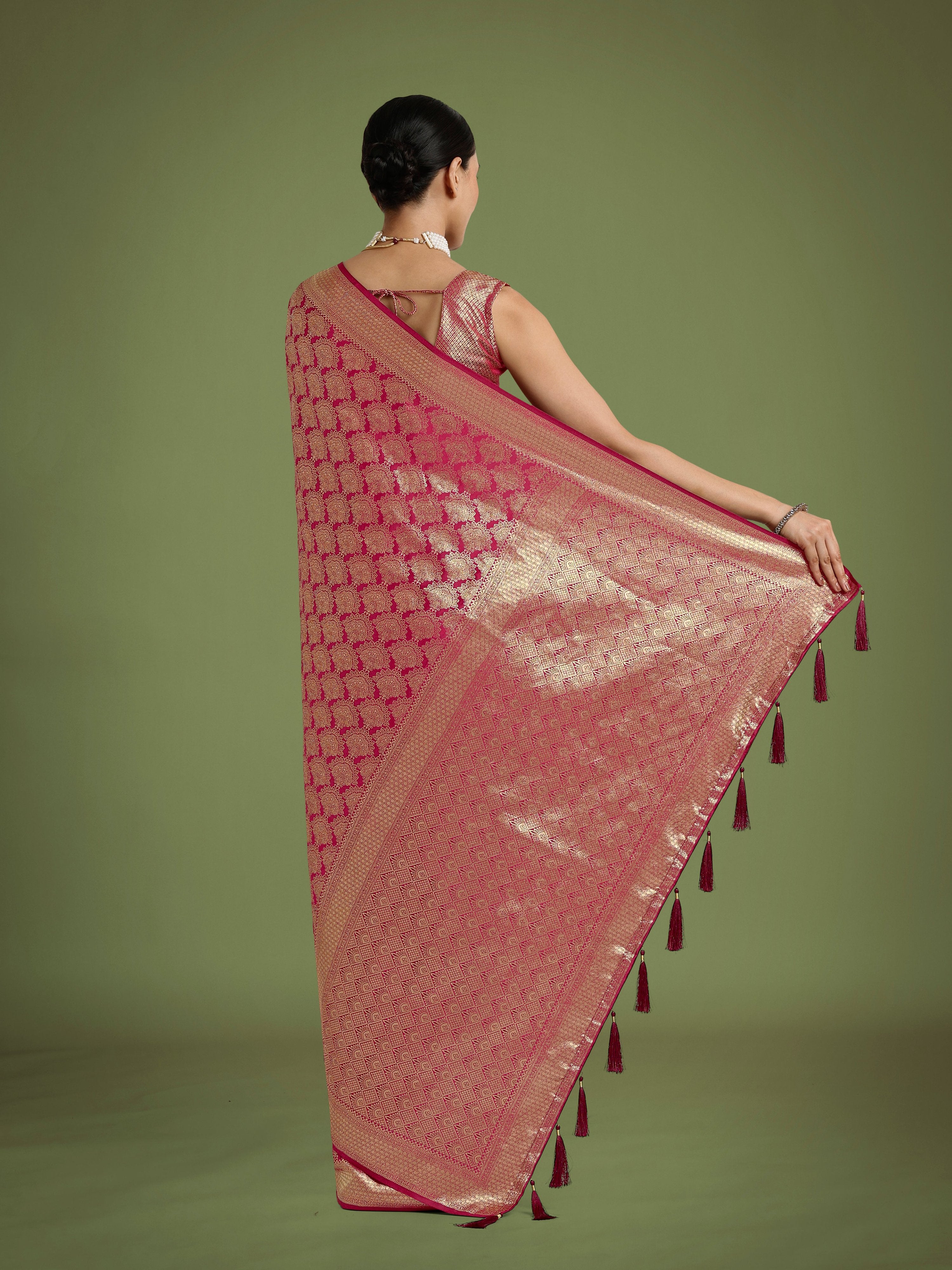 Monjolika Fashion Flattering Dark Pink Banarasi Satin Silk Zari Weaving Work Designer Saree