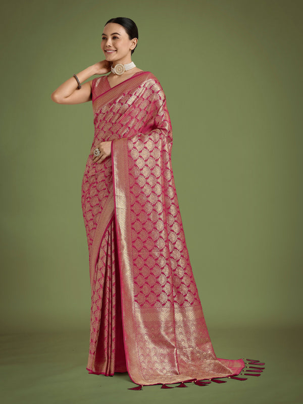 Monjolika Fashion Flattering Dark Pink Banarasi Satin Silk Zari Weaving Work Designer Saree