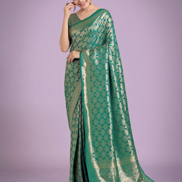 Monjolika Fashion Flattering Turquoise Banarasi Satin Silk Zari Weaving Work Designer Saree - Distacart