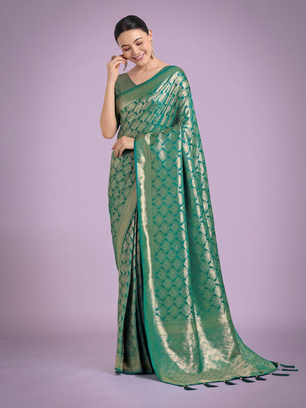 Monjolika Fashion Flattering Turquoise Banarasi Satin Silk Zari Weaving Work Designer Saree