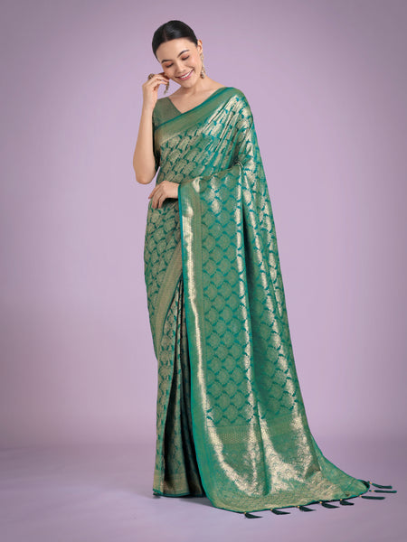 Monjolika Fashion Flattering Turquoise Banarasi Satin Silk Zari Weaving Work Designer Saree