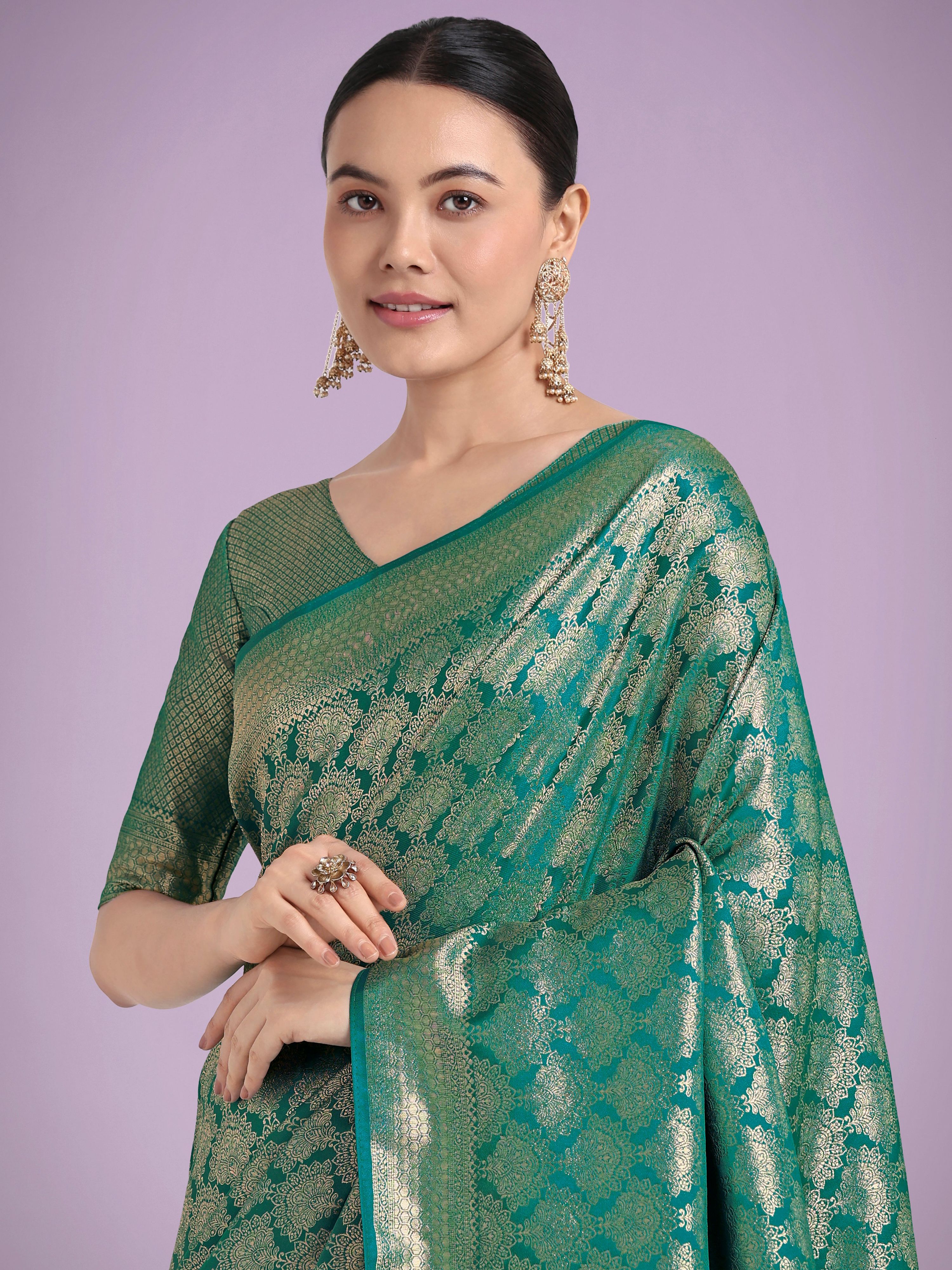 Monjolika Fashion Flattering Turquoise Banarasi Satin Silk Zari Weaving Work Designer Saree
