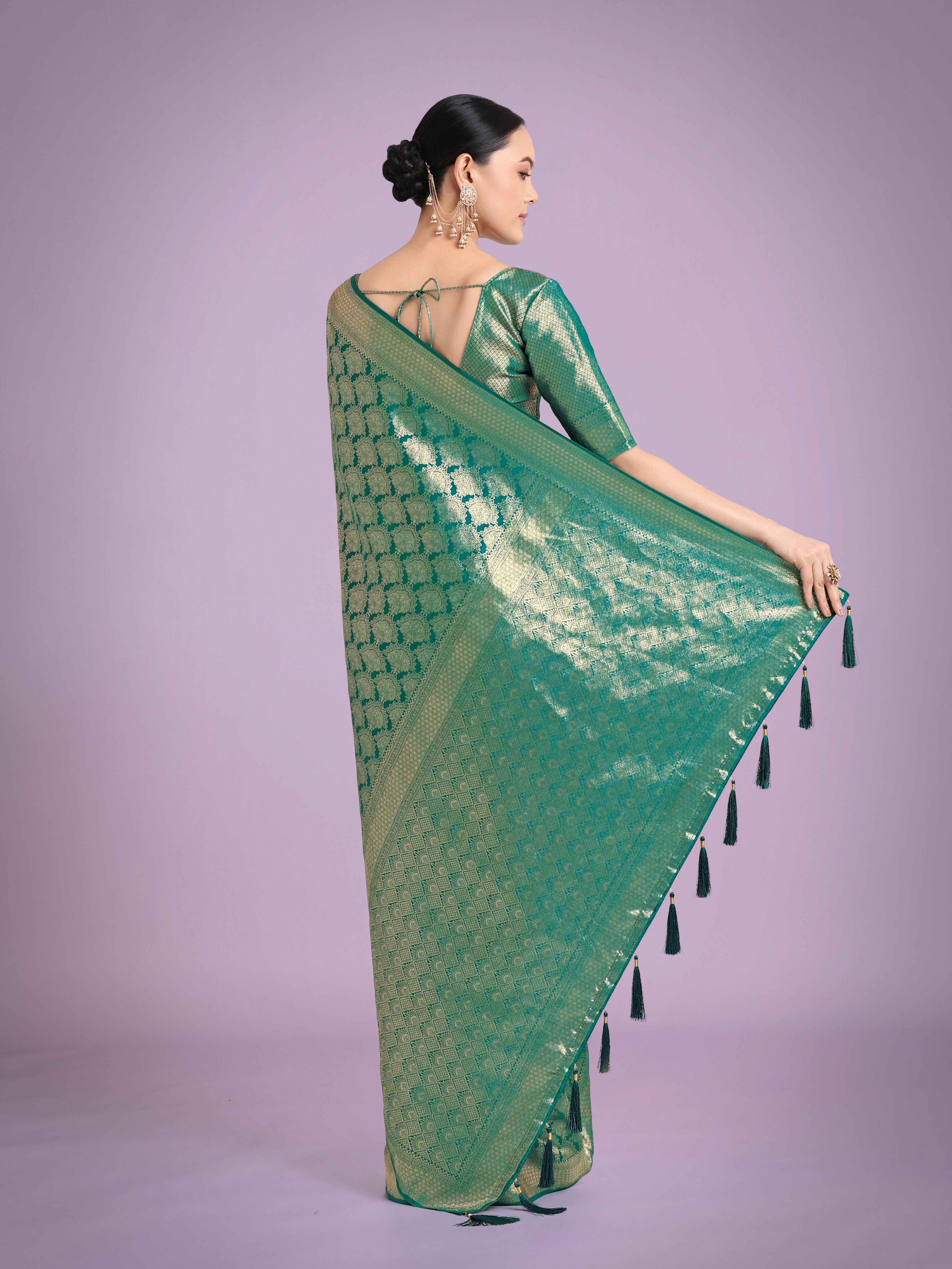 Monjolika Fashion Flattering Turquoise Banarasi Satin Silk Zari Weaving Work Designer Saree