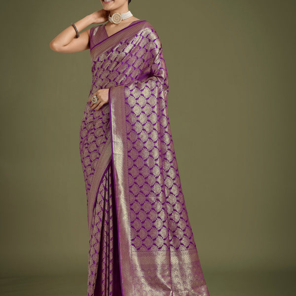 Monjolika Fashion Flattering Purple Banarasi Satin Silk Zari Weaving Work Designer Saree - Distacart