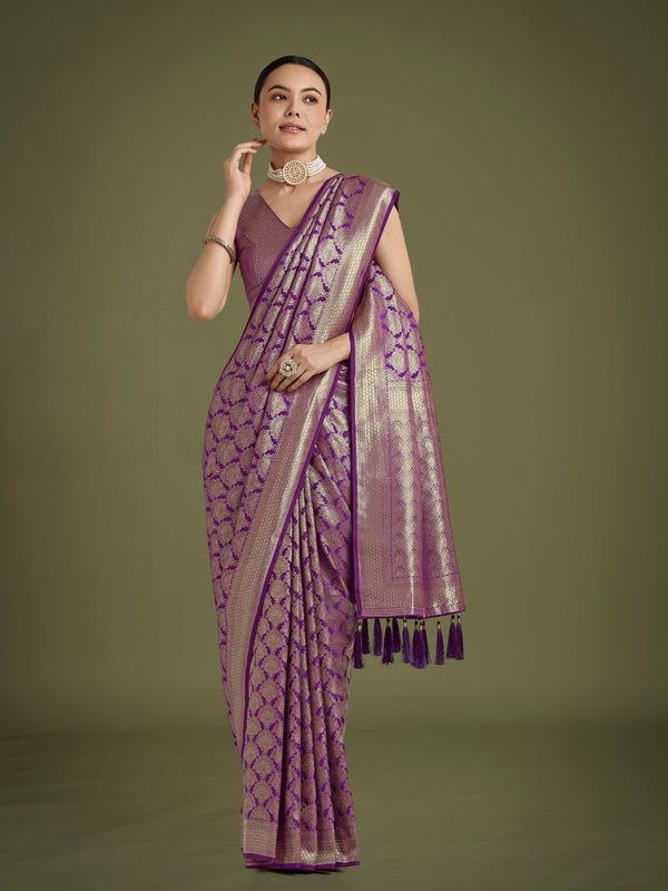 Monjolika Fashion Flattering Purple Banarasi Satin Silk Zari Weaving Work Designer Saree