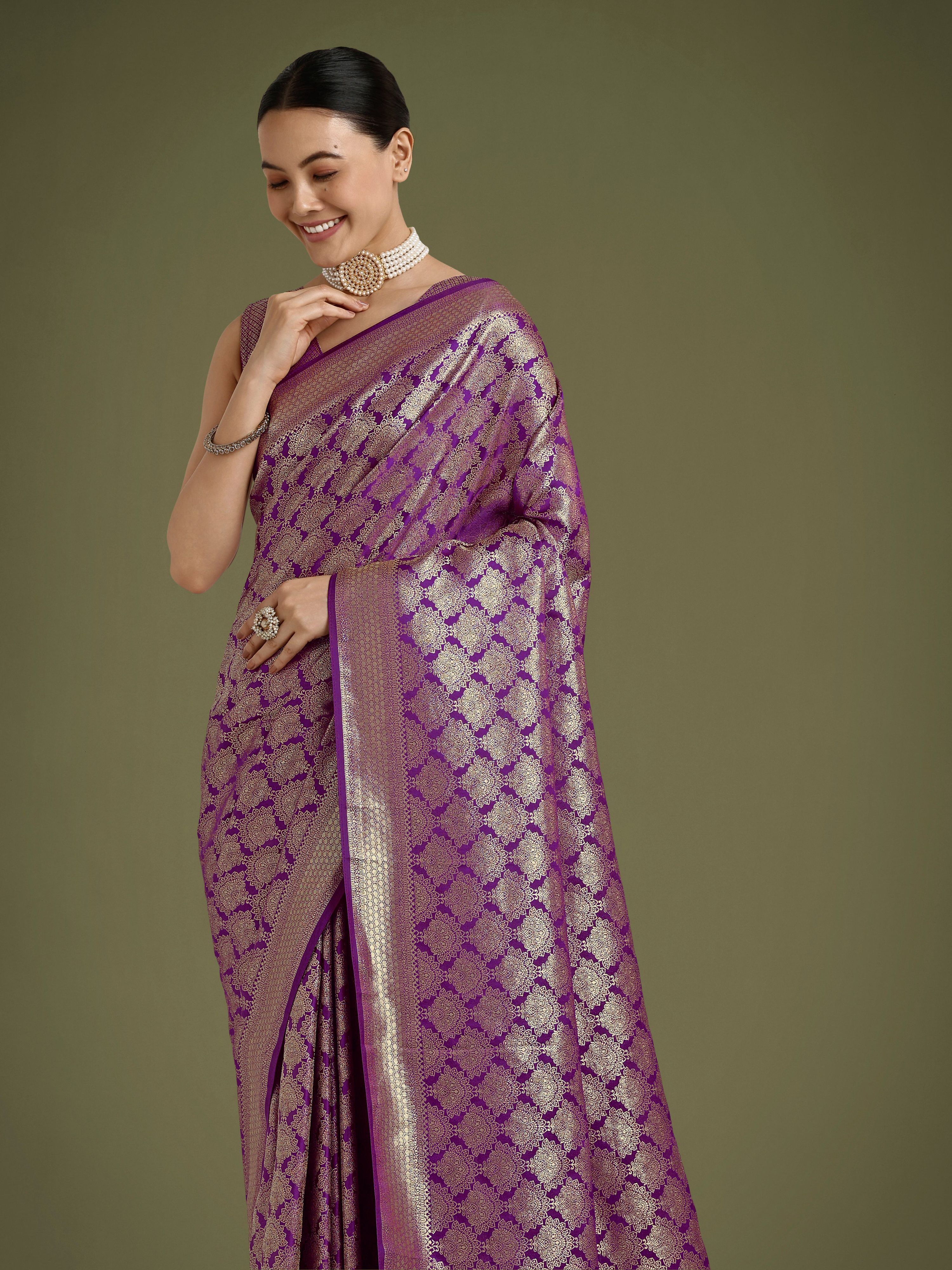 Monjolika Fashion Flattering Purple Banarasi Satin Silk Zari Weaving Work Designer Saree