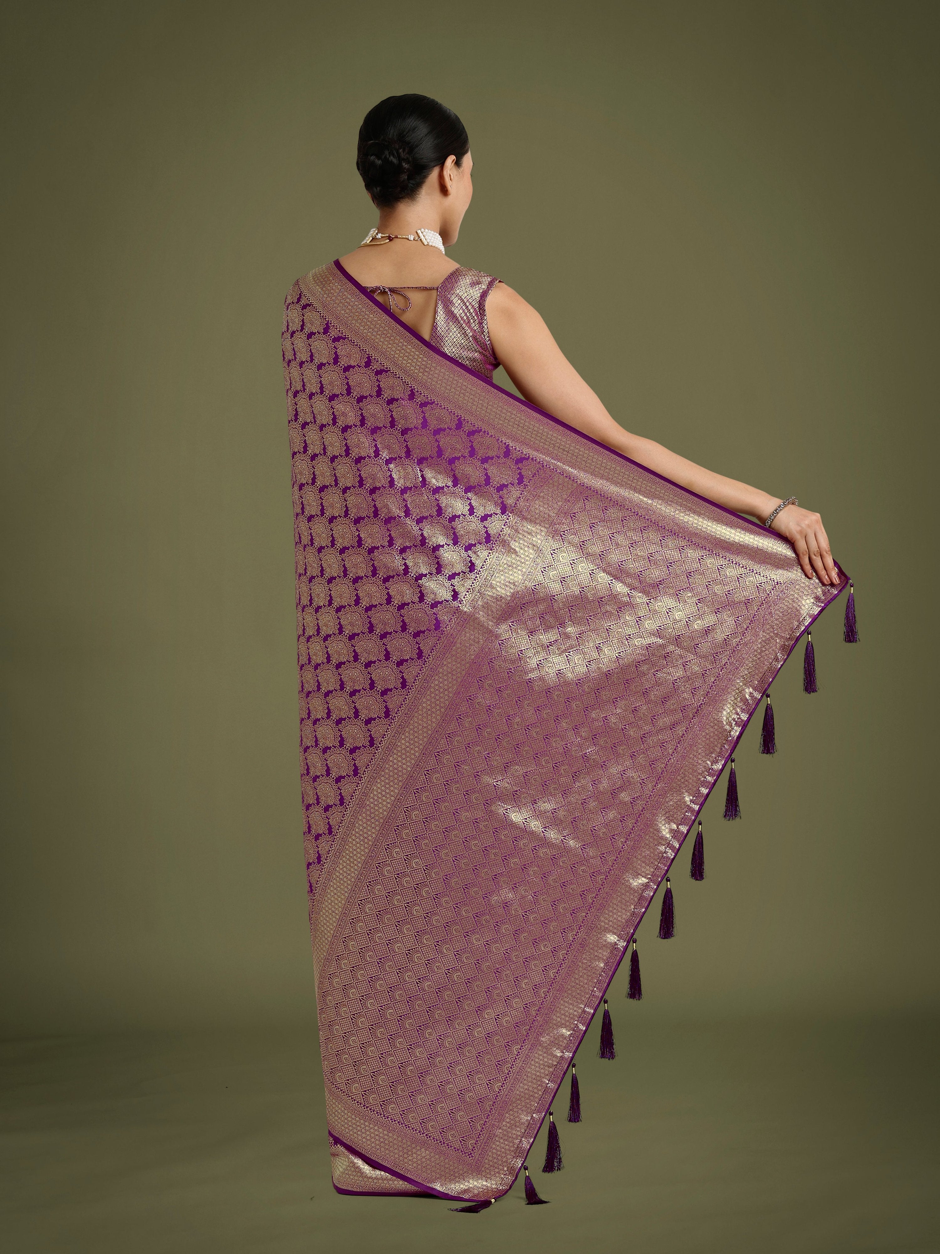 Monjolika Fashion Flattering Purple Banarasi Satin Silk Zari Weaving Work Designer Saree