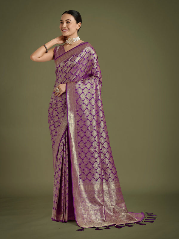 Monjolika Fashion Flattering Purple Banarasi Satin Silk Zari Weaving Work Designer Saree