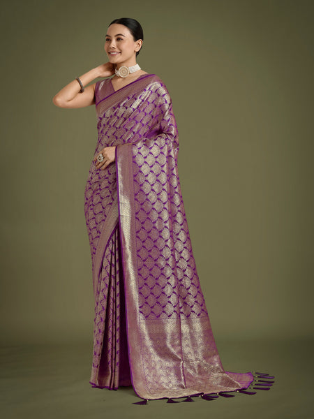 Monjolika Fashion Flattering Purple Banarasi Satin Silk Zari Weaving Work Designer Saree