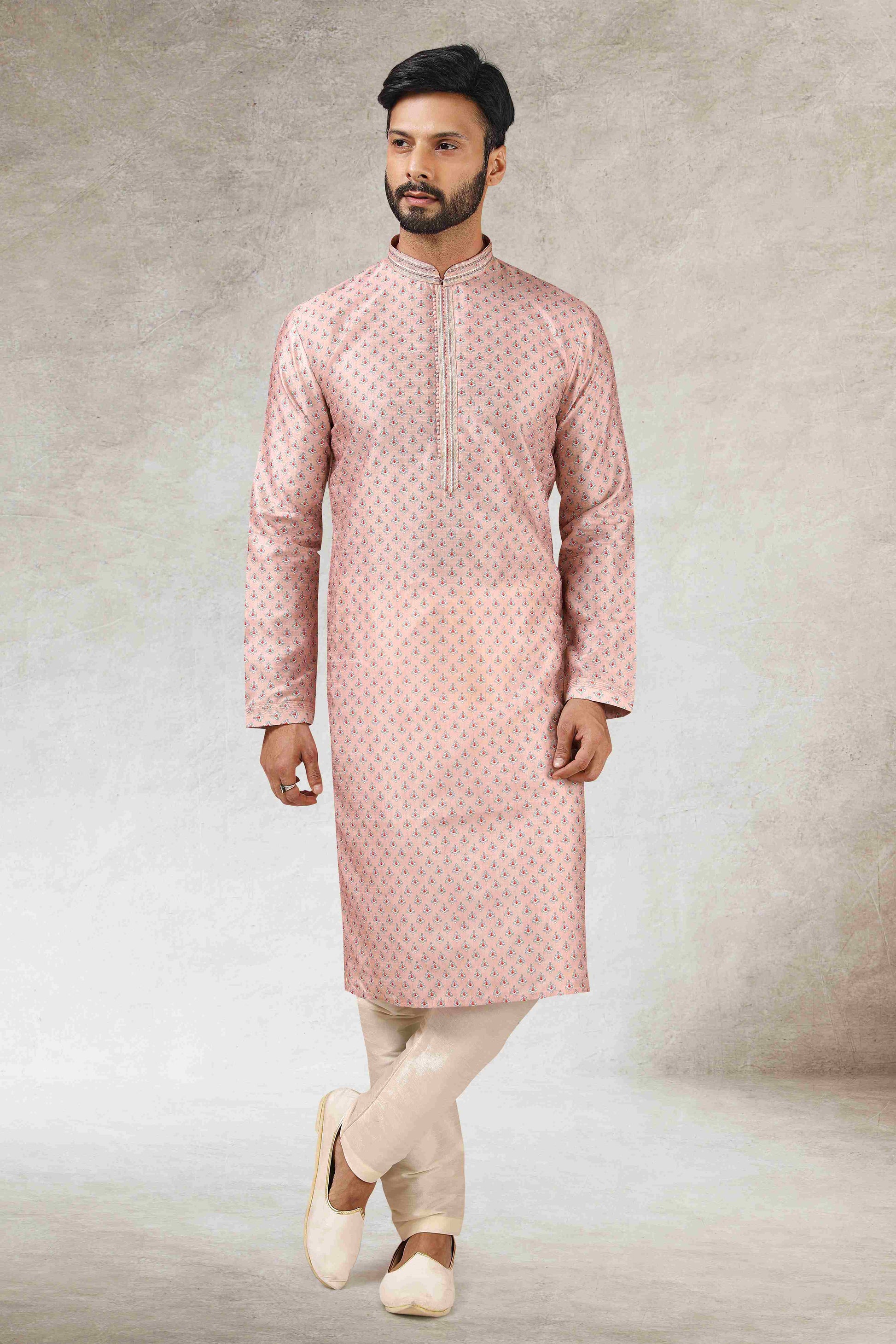 Raivat Ethnic Art Silk Printed Work Kurta Pajama In Pink Colour - Distacart