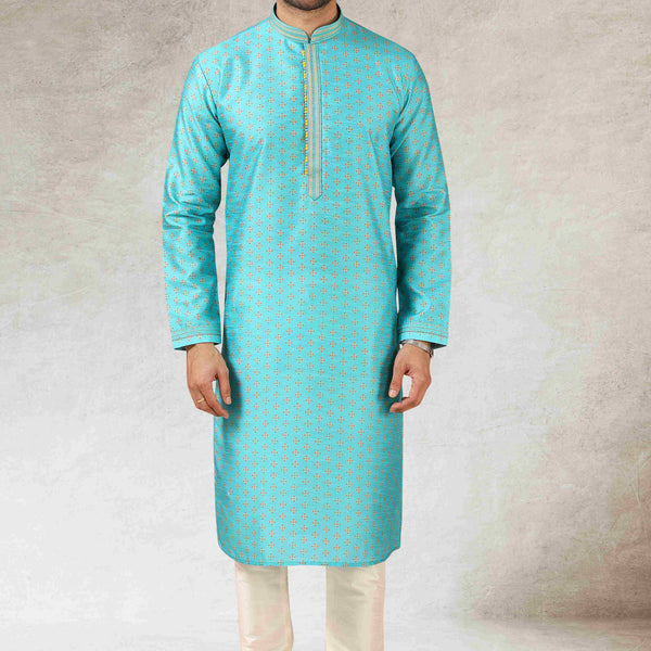 Raivat Ethnic Art Silk Printed Work Kurta Pajama In Sky Blue Colour